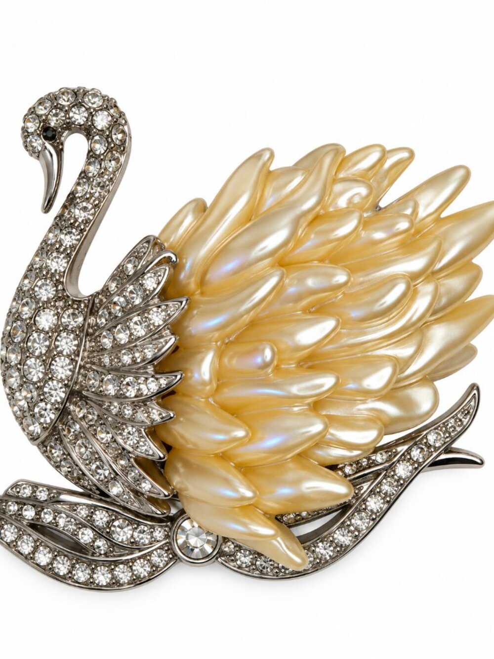 Nolan Miller Crystal Swan Brooch in Cream and Silver